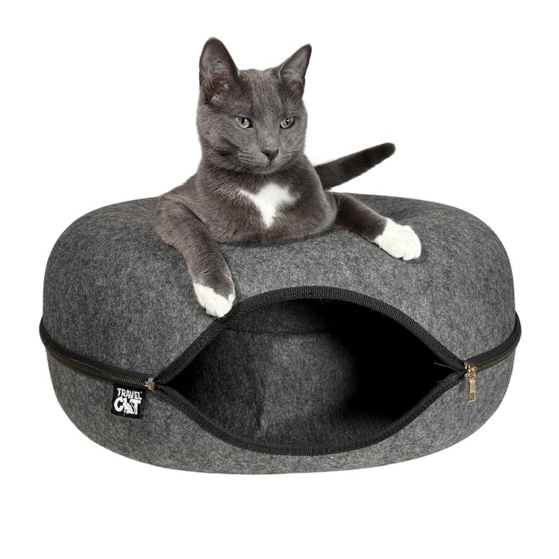 Your Cat Backpack Travel Cat Tunnel Bed Cave - 21 Inch Large Premium Grey Round Donut Cat Cave for Indoor Cats, Kitten - Detachable Cat Hideaway Cat Bed with Tunnel for Playing, Scratching, Sleeping - Image 2